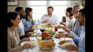 A photograph of people dining together at a Thanksgiving table in a warmly lit room.