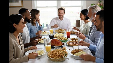 A photograph of people dining together at a Thanksgiving table in a warmly lit room.