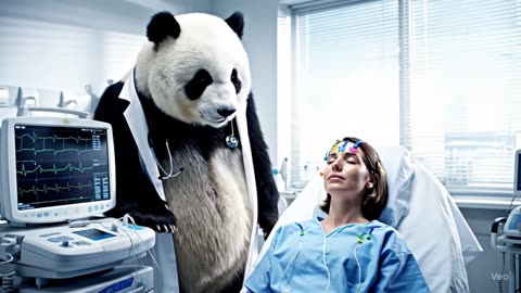 Panda bear operating an (EEG) on a human patient