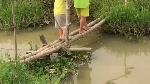 children crossing the bridge