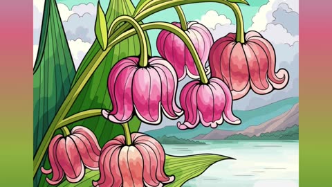 Vibrant Pink Bell-Shaped Flowers by a Serene Mountain Lake Landscape