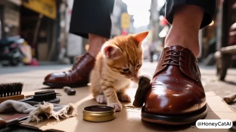 The little ginger kitten works hard shining shoes 👞🐱 while also looking after his younger sibling.
