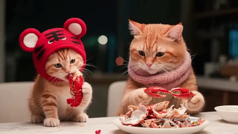 Tiger-Hat Kitten Gets Pinched by Lobster, Mom Cat Comes to Rescue