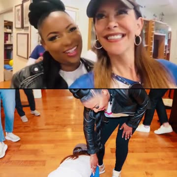 Radio show host Stephanie Miller kisses the feet of Democrat Rep. Jasmine Crockett.