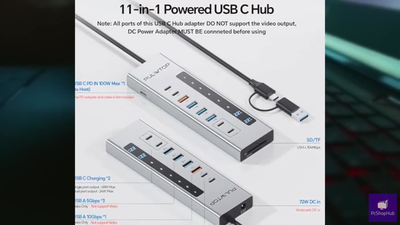 Powered USB C Hub, PULWTOP 11-in-1 USB Hub with SD/TF, 2*USB-C 10Gbps, 4*USB-A 5