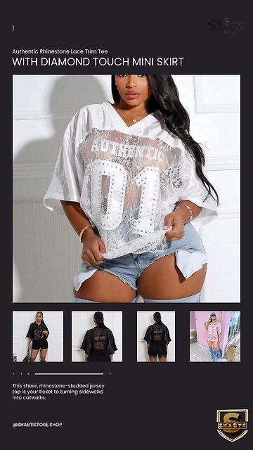 Authentic Rhinestone Lace Trim Tee With A-Line Ruffle Diamond Touch Mini Skirt💎