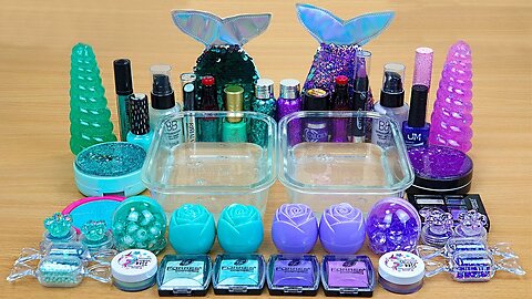 MINT vs PURPLE SLIME Mixing makeup and glitter into Clear Slime Satisfying Slime Video