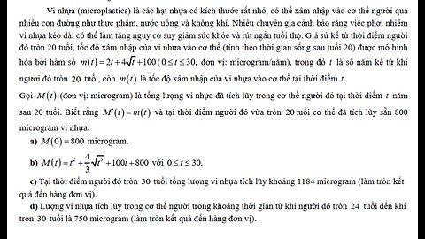 Toán 12: Vi nhựa (microplastics) là các hạt nhựa có kích thước rất nhỏ, có thể xâm nhập