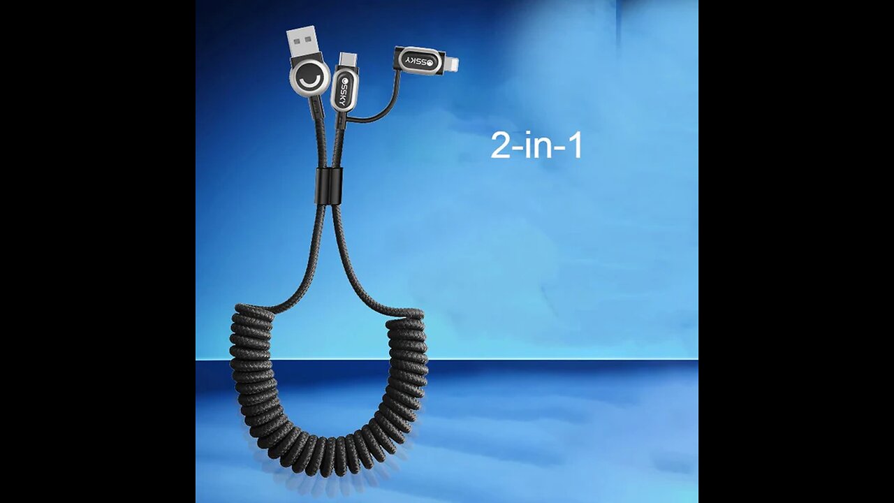 2-in-1 Coiled Charging Cable with Lightning & Type-C Connectors, for Car, Home, Office