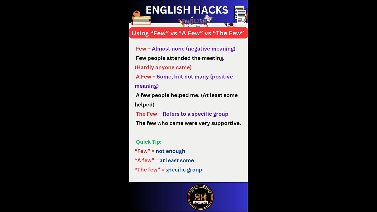 Using Few vs A Few vs The Few you must know #studyhacks123 #english #rule #shorts