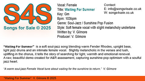 Waiting For Summer (Key Gm) 103bpm (2025) S4S (Songs 4 Sale) for Female Vocal