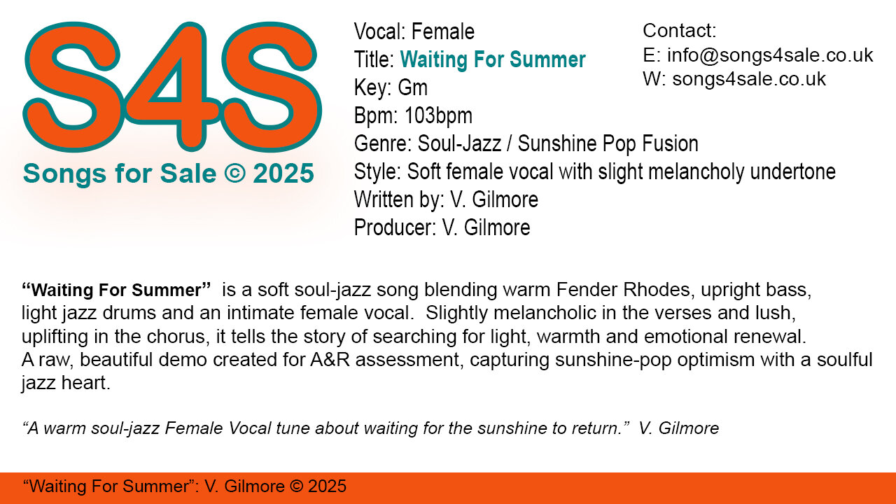 Waiting For Summer (Key Gm) 103bpm (2025) S4S (Songs 4 Sale) for Female Vocal