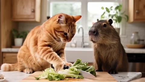 “Kitten Brings Capybara Home and Makes a Tasty Salad 🐾🦫🥗#cat #cute #funny