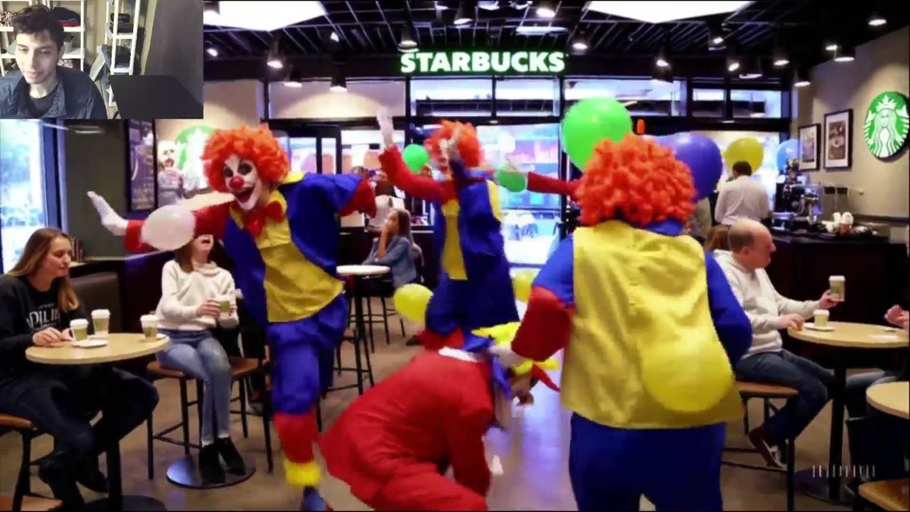 The Clowns Roaming Around A Starbucks Store At A Fake Funny Parody Video With Live Commentary