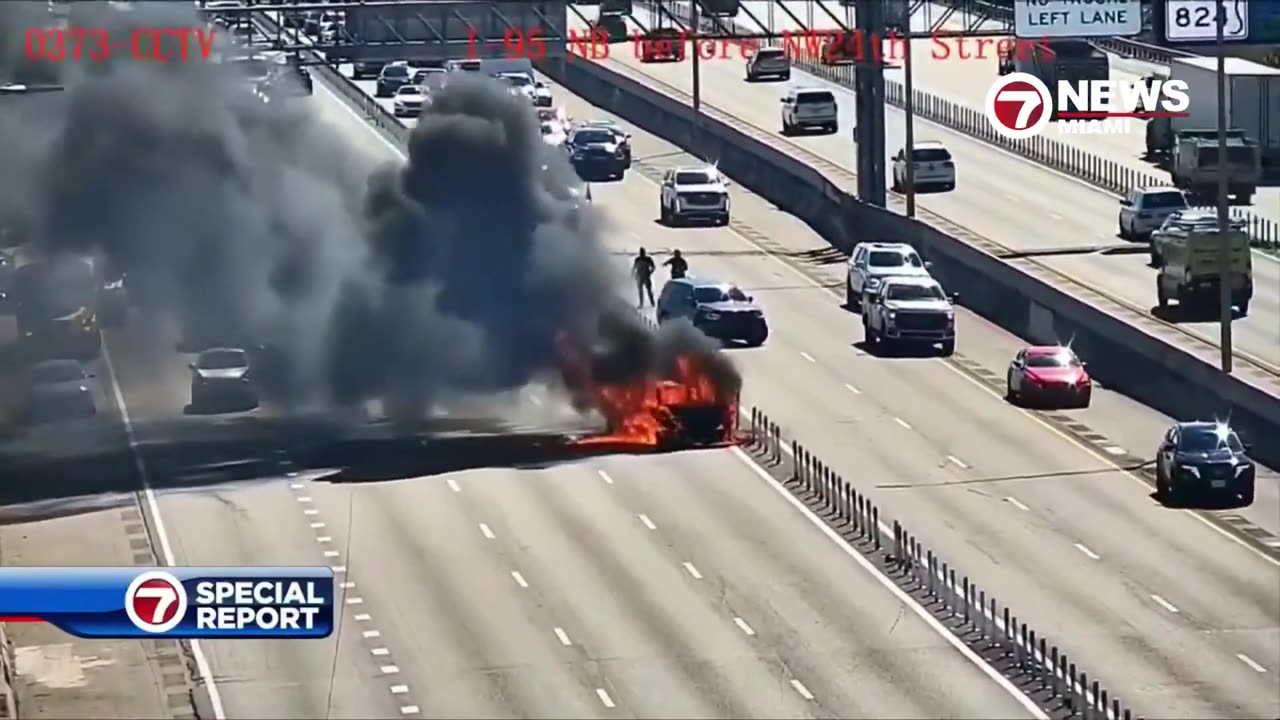 Car explosion caught on camera on busy Interstate 95 in Pompano Beach, FL