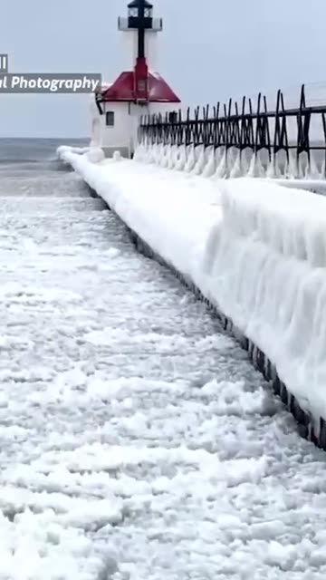 Lake Michigan lighthouse turns into ICE SCULPTURE Winter storms coat the towers in frozen waves