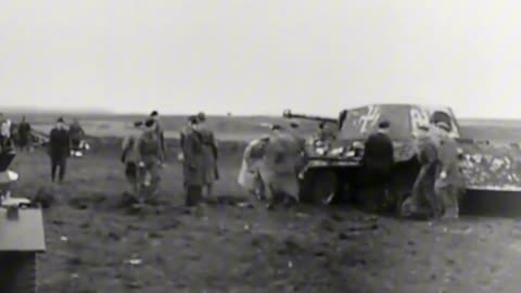 Rocket-firing Typhoon trials against derelict German vehicles circa February 1945