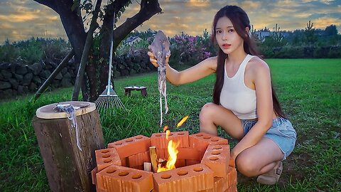 Jeju Island Country Life Building a Brick Brazier and Grilling Squid