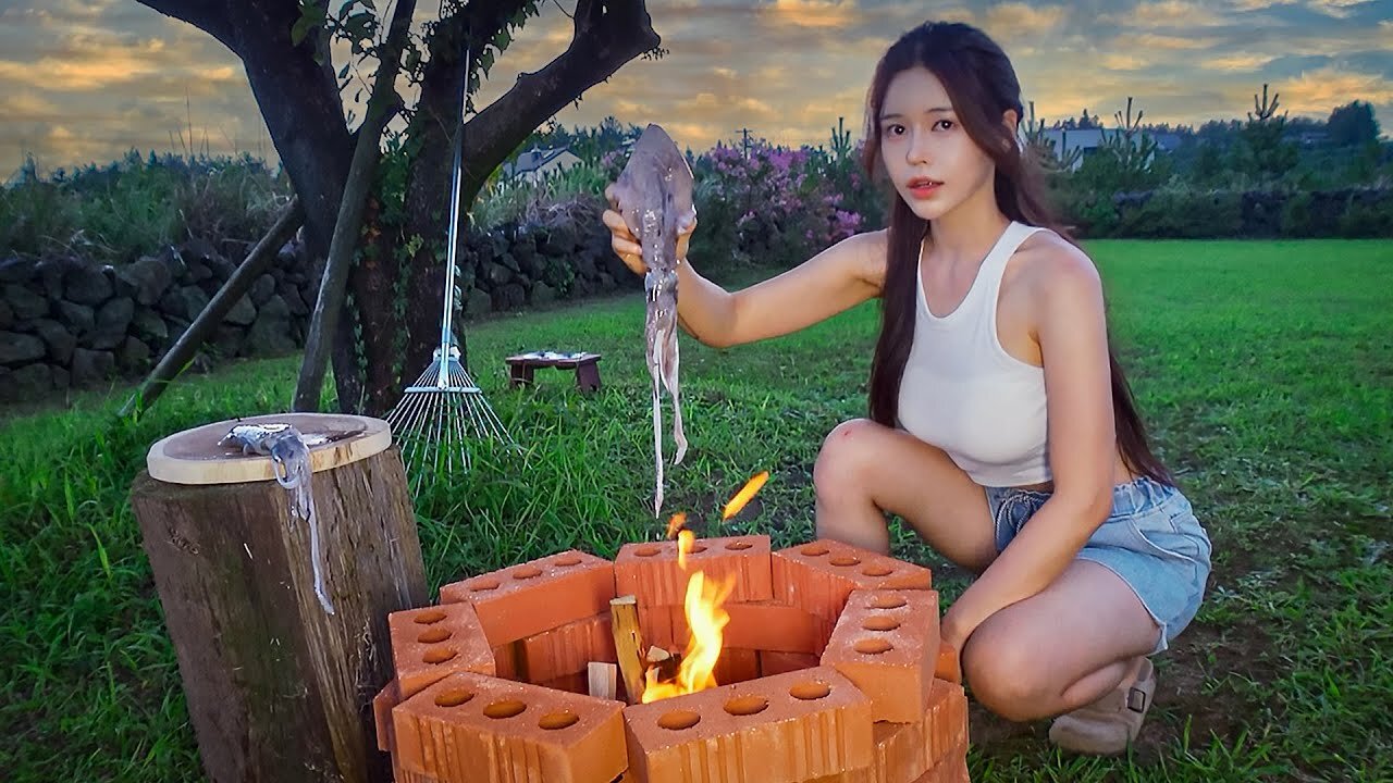 Jeju Island Country Life Building a Brick Brazier and Grilling Squid