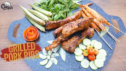 🔥 Grilled Pork Ribs & Shrimp | Outdoor BBQ Recipe with Fresh Vegetables