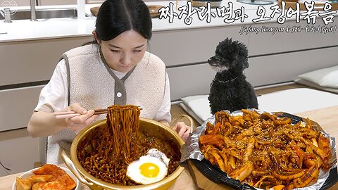 Jjajang Ramyun & Spicy Stir-fried Squid (ft. Kimchi) ☆ Best Combination
