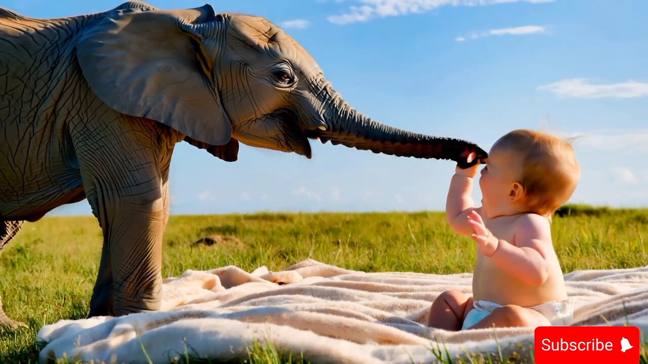 baby happy playing with elephant 🐘💝
