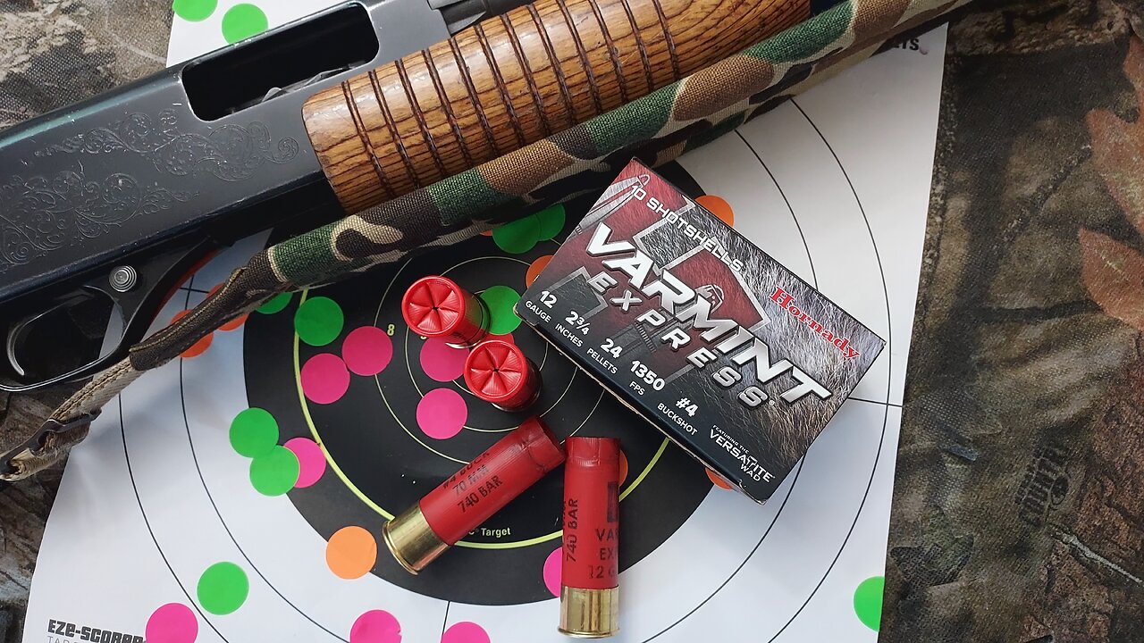 Hornady Varmint Express No. 4 Buckshot Load in 2.75" 12ga. with 3-shot group and shell breakdown.