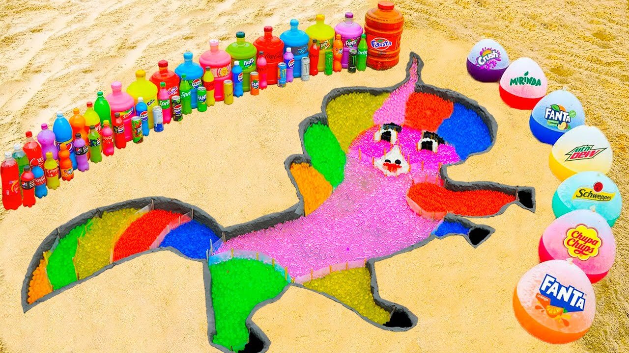 How to make Rainbow Thelma The Unicorn with Orbeez, Balloons of Fanta, Coca Cola vs Mentos & Sodas