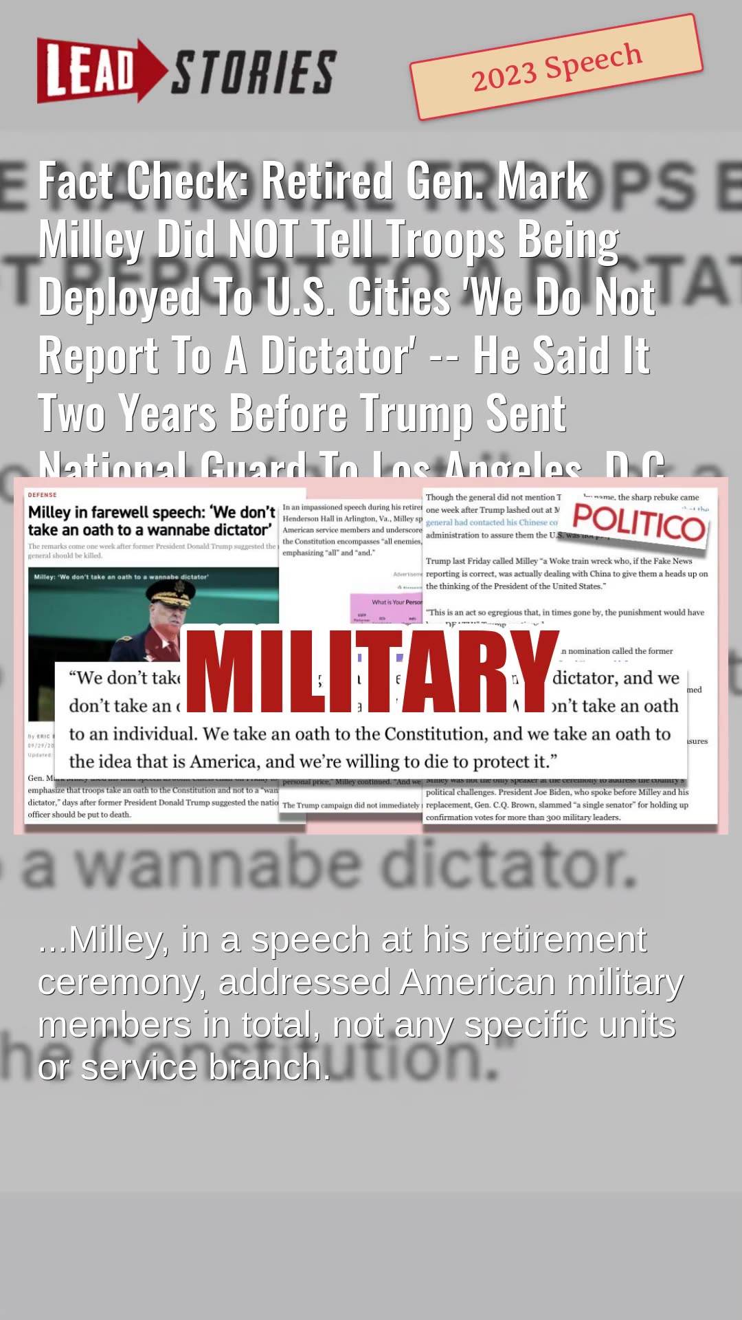 Fact Check: Mark Milley Did NOT Tell Troops Deployed To U.S. Cities We Do Not Report To A Dictator