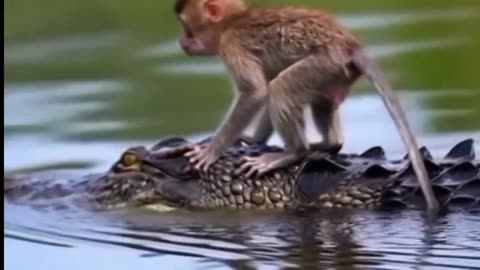 Monkey Riding Crocodile Moving Water