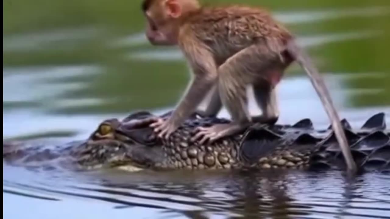 Monkey Riding Crocodile Moving Water