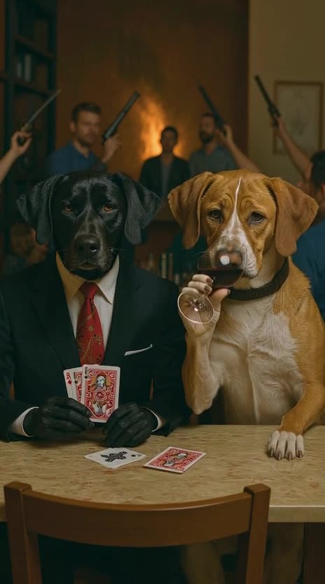 the dogs drinking wine and beer, playing cards