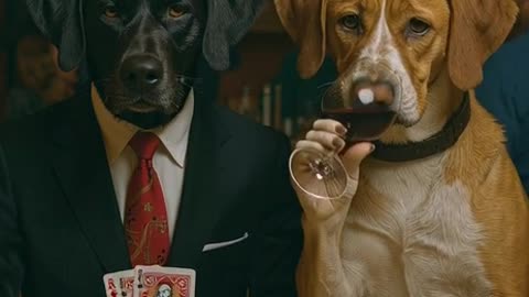 the dogs drinking wine and beer, playing cards