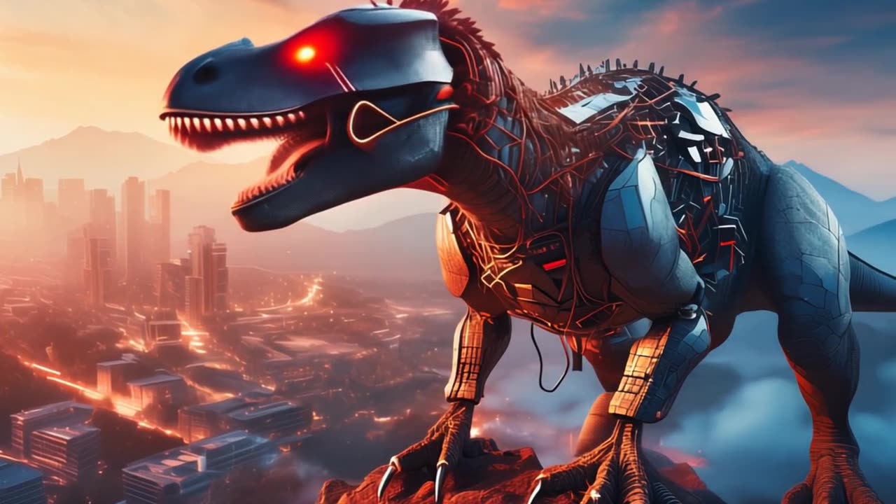 Robotic Tyrannosaurus in future landscape