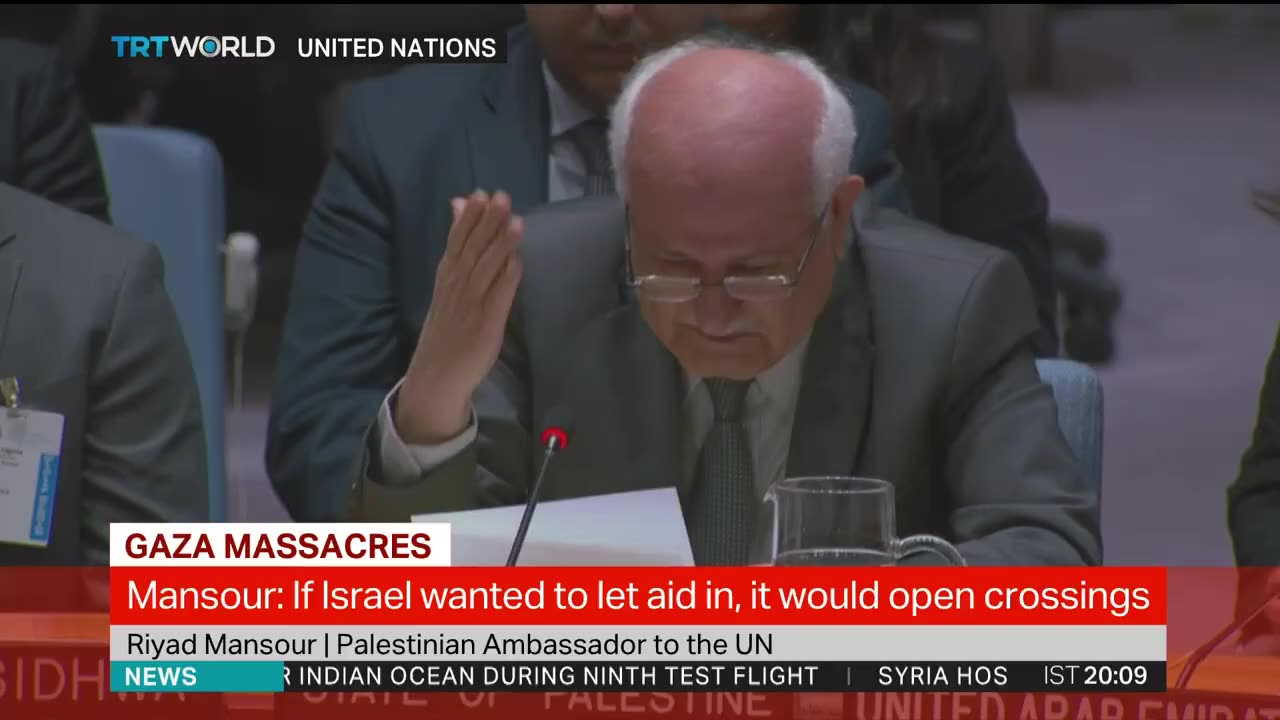 Palestinian Ambassador to UN, Riyad Mansour, breaks down in tears as he tells Security Council that what is unfolding in Gaza is human tragedy deliberately caused by Israel