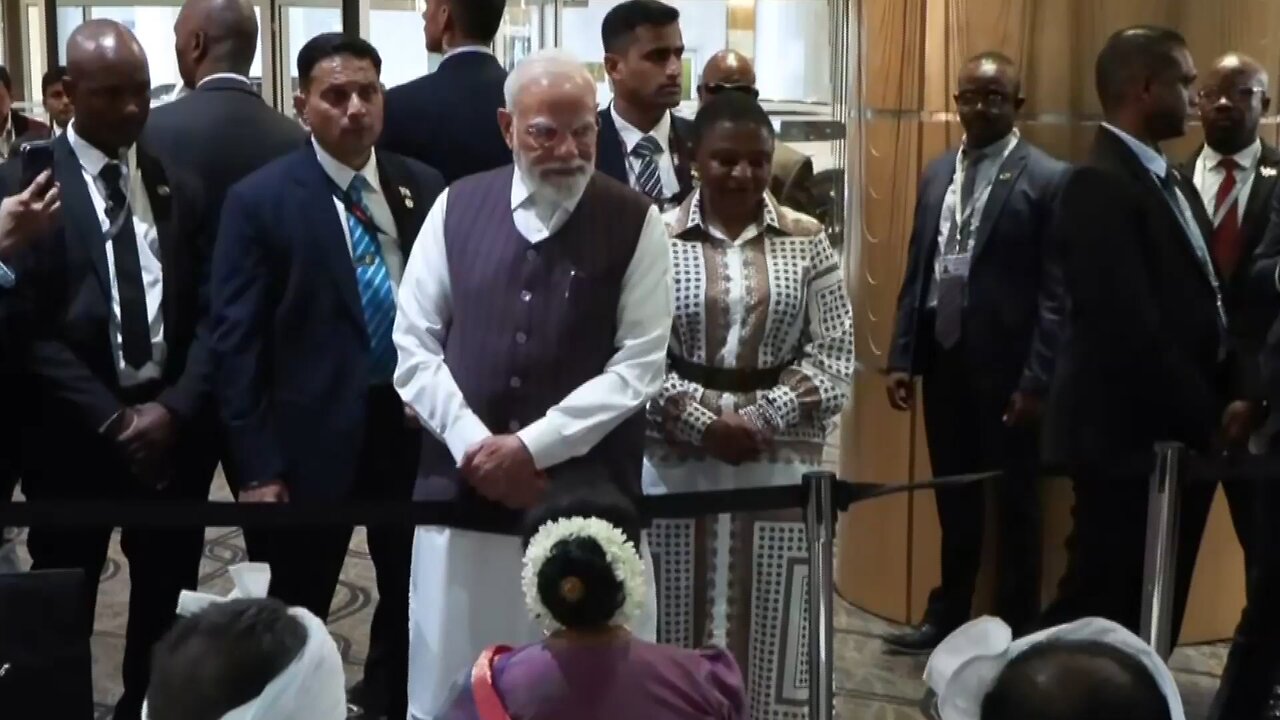 PM Narendra Modi arrives in Pretoria to a warm and ceremonial welcome to attend the G20 Summit in