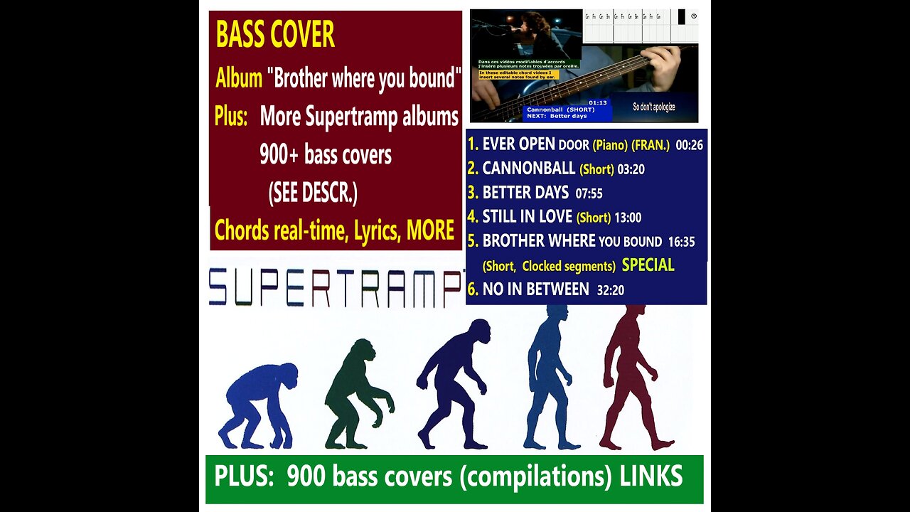 Bass cover SUPERTRAMP album "BROTHER WHERE.." _ Chords real-time, Lyrics, 900+ bass covers (LINKS)