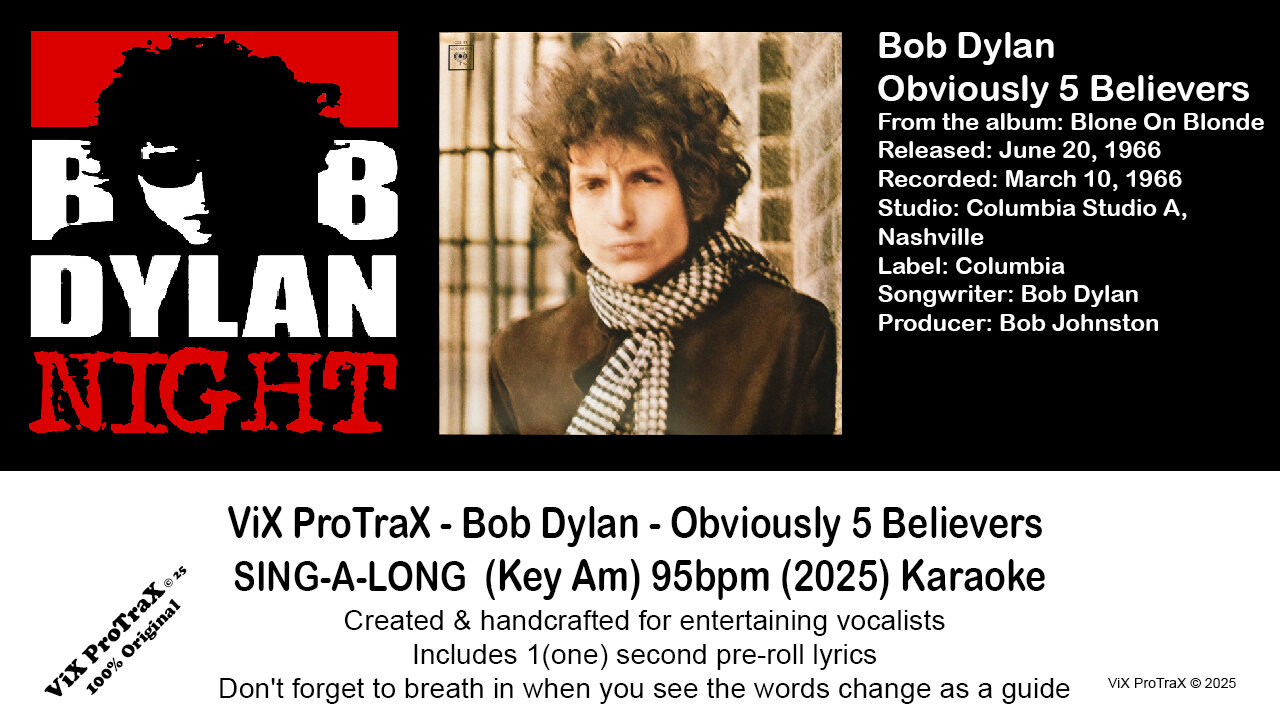 Bob Dylan - Obviously 5 Believers SING-A-LONG (Key Am) 95bpm (2025) Karaoke