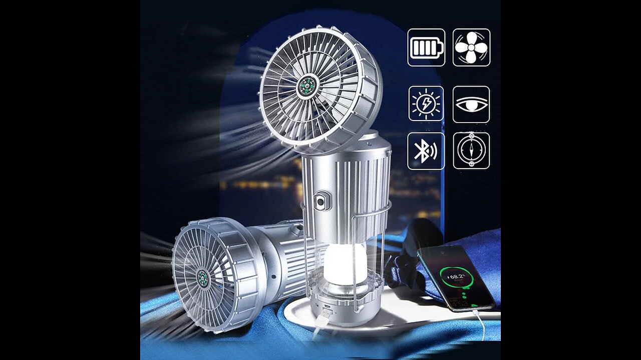 Multifunction Solar Camping Light with Fan, Bluetooth Speaker, Power Bank & Compass