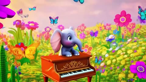 Cute Baby Elephant Plays Piano in Magical Pixel Art Meadow