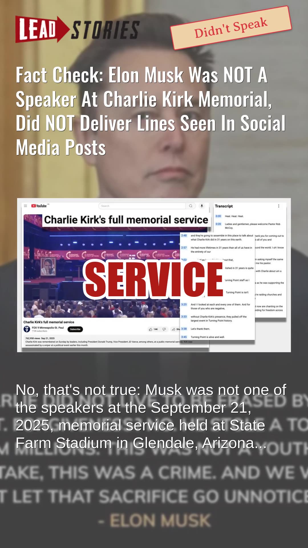Fact Check: Elon Musk NOT Speaker At Charlie Kirk Memorial, Did NOT Deliver Lines In Posts