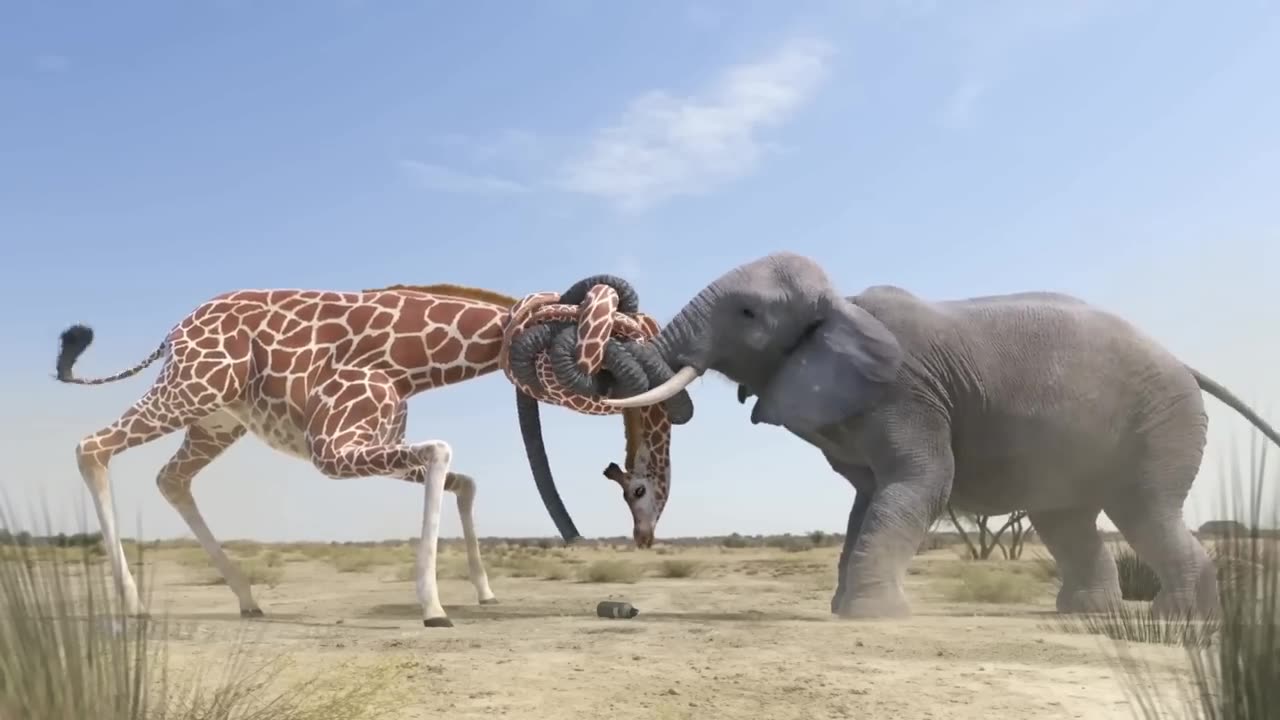 Giraffe Vs Elephant fight for Water