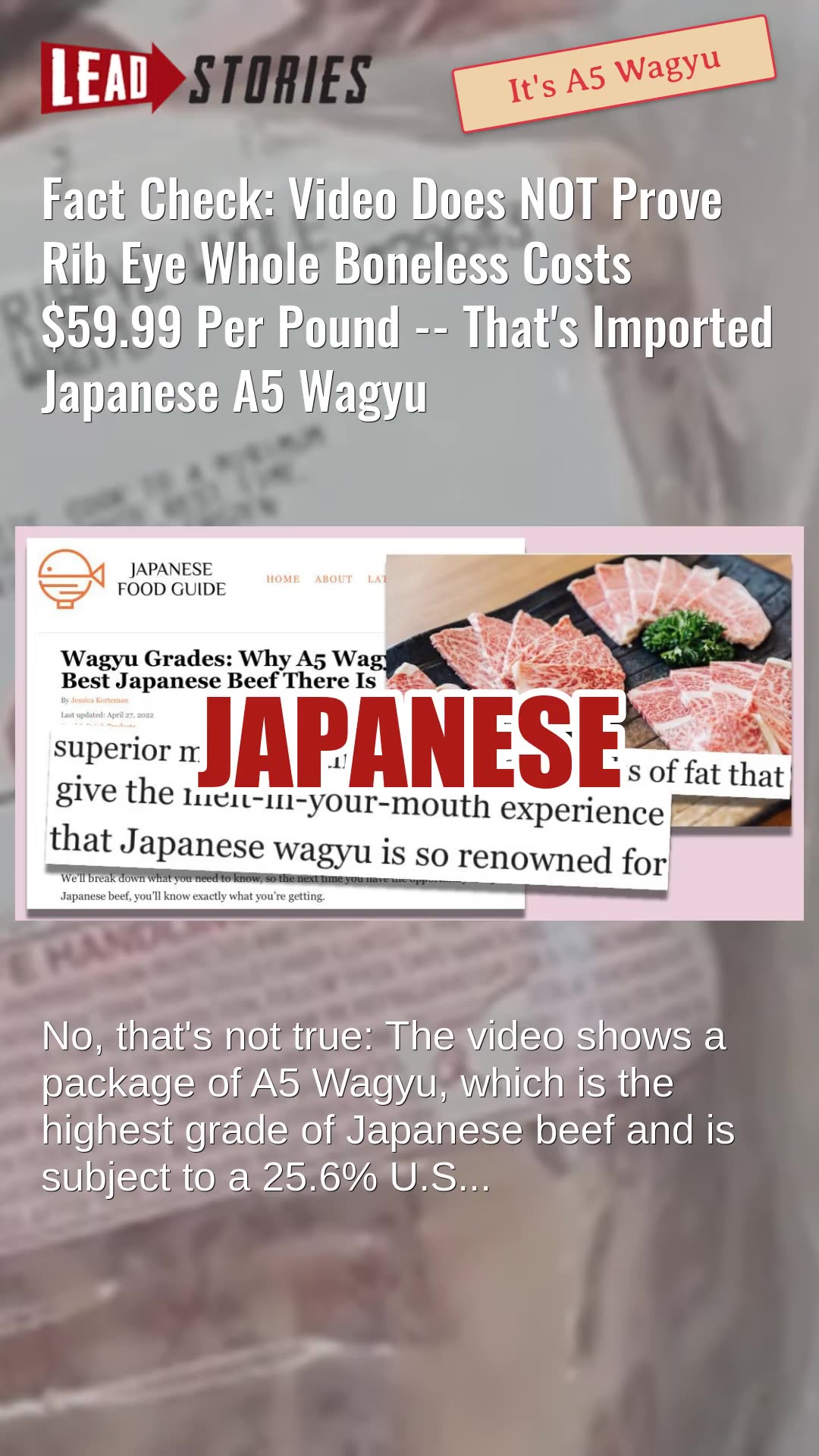 Fact Check: Video Does NOT Prove Rib Eye Whole Boneless Costs $59.99 Per Pound -- Imported A5 Wagyu