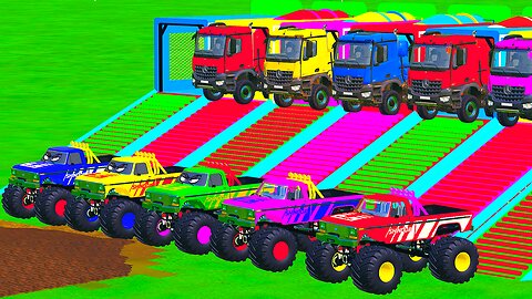 Transporting Colorful Police Cars & Fire Trucks! Monster Truck Challenge- Farming Simulator 25
