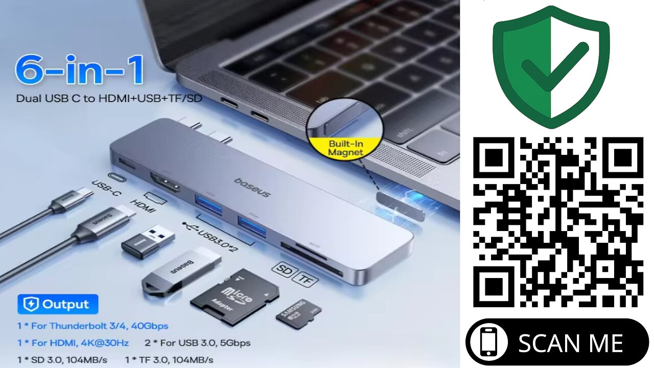 Baseus 6-in-1 Hub | Dual USB-C, 40Gbps Speed, 4K Output, 8.3mm Slim – Compatible with MacBook