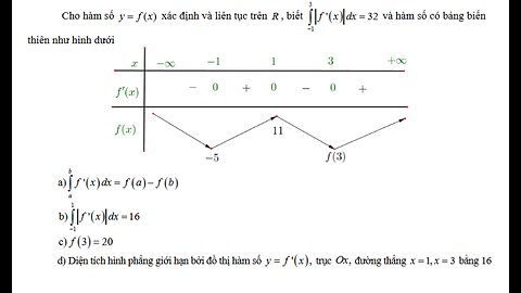 THPT TP Nam Định: Toán 12: Cho hàm số y=f(x) xác định và liên tục trên R biết ∫f'(x)dx = 32