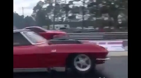Vintage Corvette races, gets air, then BOOM!