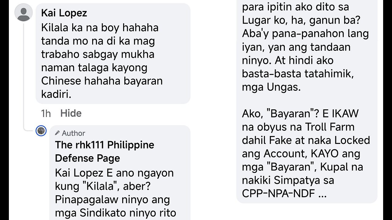 Anti-China, Anti-Duterte, Pro-US Troll threatens me with retaliation at my own Local Community