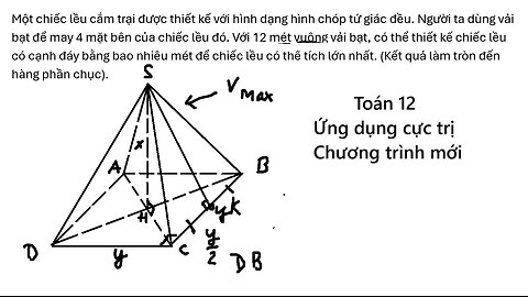 Toán 12: Một chiếc lều cắm trại được thiết kế với hình dạng hình chóp tứ giác đều. Người ta dùng