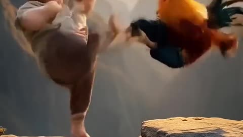 baby boy fighting with hen
